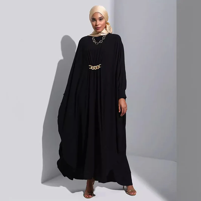 Simple Casual Black Muslim Robe Loose Pullover Women's Clothing Middle Eastern Abaya Golden Chain Bat Long Sleeves Female Dress