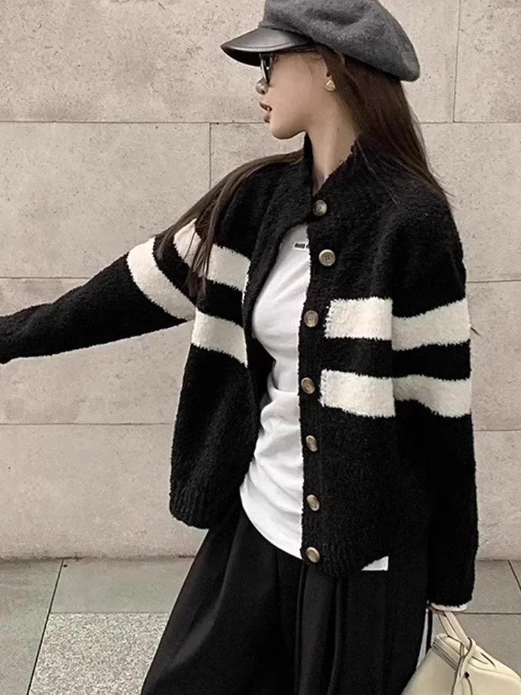 Autumn and Winter Turn Down Collar Women's Long Sleeve Cardigan Sweater Fashion Casual Black and White Striped Knitwear Jacket