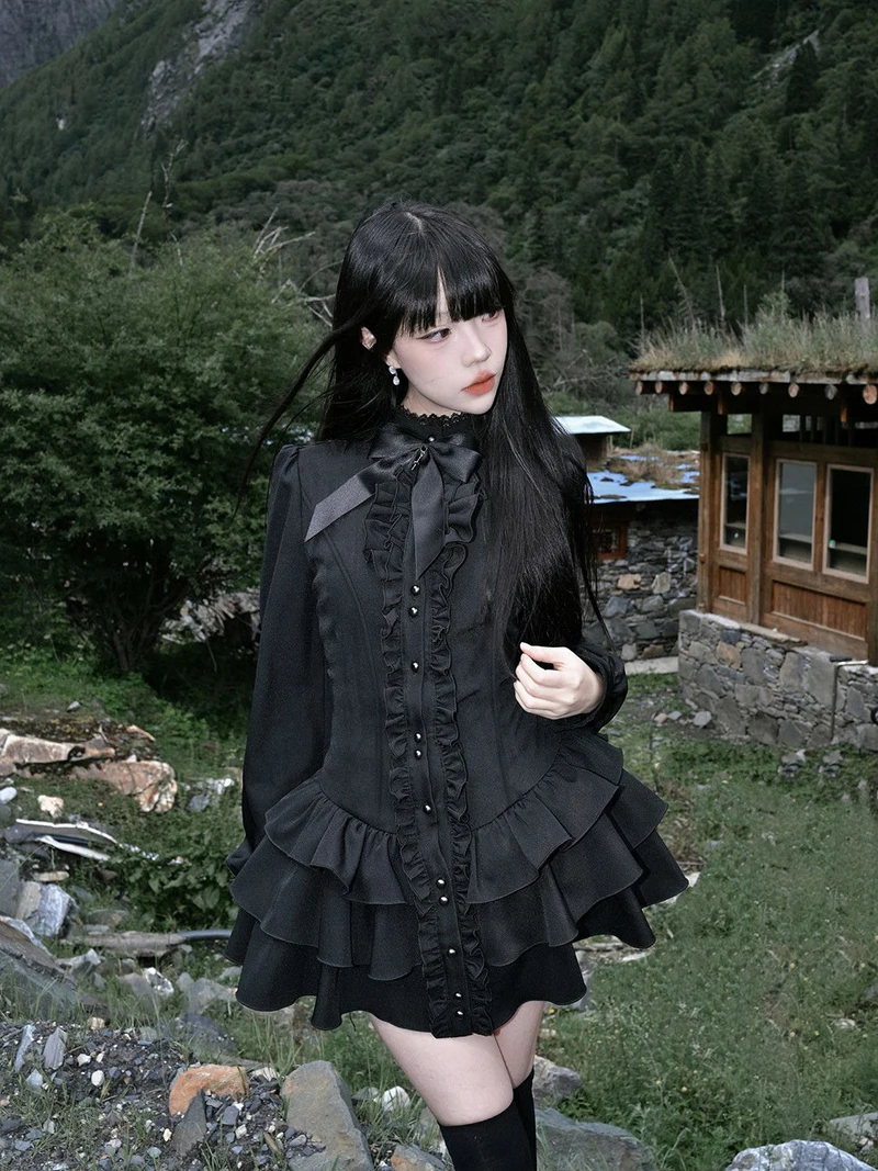 Y2K Lolita Dress - Gothic Mini Patchwork Lace Vintage Black Ruffle Slim Fit