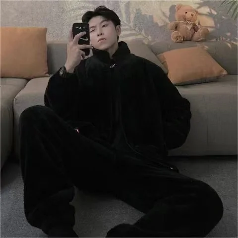 M-4XL Pajama Sets For Men Winter Thick Warm Flannel Pyjamas 2 Pieces /Sets Long Sleeve Sleepwear Homewear Casual