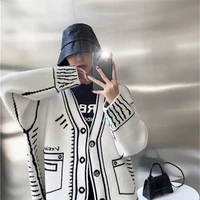 Print Graffiti Cardigan Women Long Sleeve Top Y2K Loose V-neck Sweater Autumn Winter Streetwear Knitted Female Cardigans Coat - Image 2