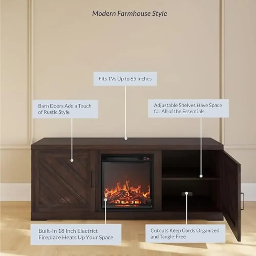 Modern Farmhouse 58" TV Stand with 18" Electric Fireplace & Media Entertainment Center TV up to 65" Infrared Fireplace Heater 4