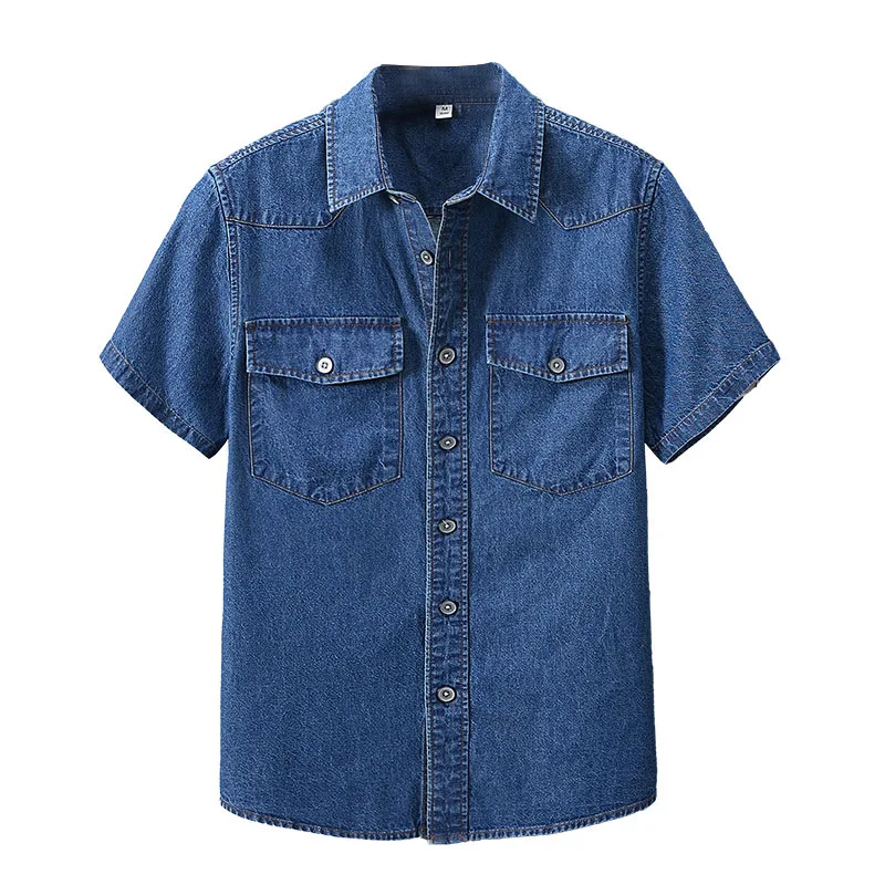 Denim Shirts Man Summer Cotton Thin Pockets Solid Color Washed Single Breasted Turn-Down Collar Casual Tops