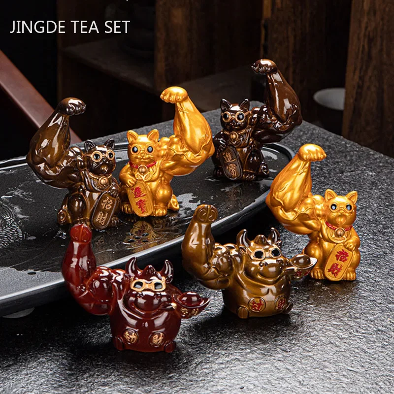 Creative Resin Animal Sculpture Tea Pet Muscle Arm Lucky Cat Color Changing Tea Doll Ornament Opening Gifts Home Decoration