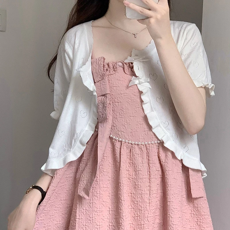Cute Knitted Cardigan Women Pearl Button Bow Decoration Heart Hollow Out Short Sweater for Sweet Girl Kawaii Clothes