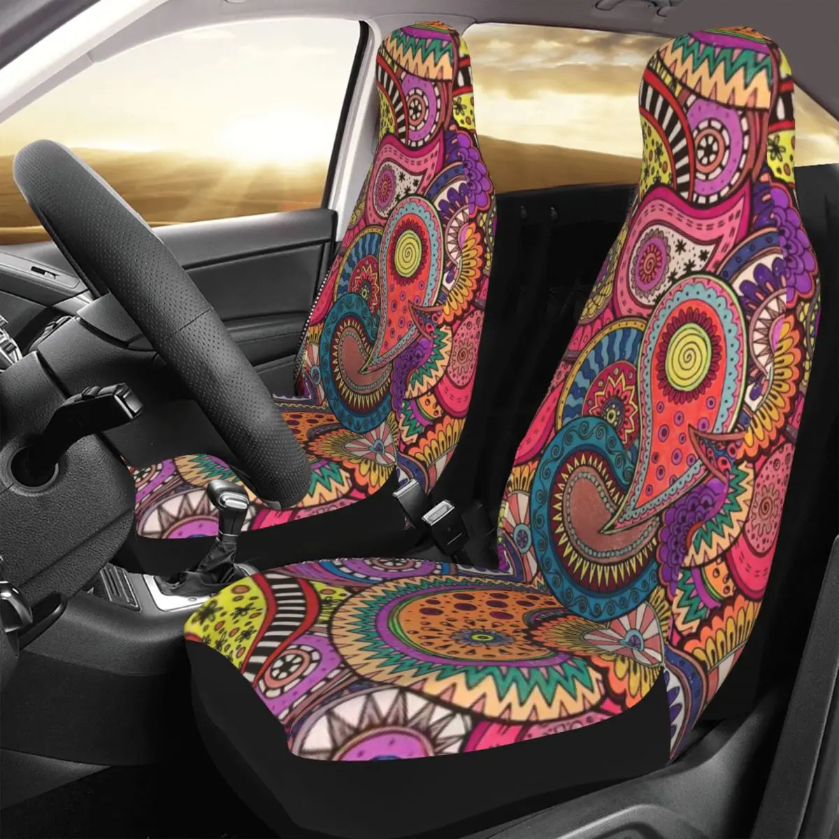 

Paisley Drawing Car Seat Cover Custom Printing Universal Front Protector Accessories Cushion Set