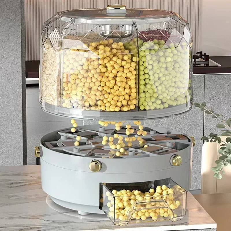6-in-1 Rice Dispenser 360 Degree Rotating Food Jars Sealed Dry Cereal Grain Bucket Moisture-proof for Kitchen Storage Container
