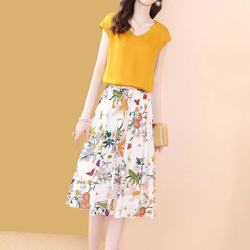 Summer 2022 Korean Retro Elegant Two Piece Set Women Chiffon T-shirt A-Line Floral Midi Skirts Suit Office Lady Elegant Clothing