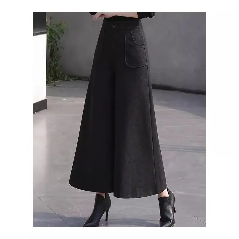 Women's Autumn and Winter Fashion High Waisted Button Zipper Solid Color Patchwork Straight Wide Leg Elastic Pocket Loose Pants