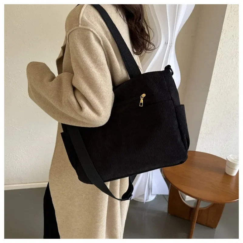 

Corduroy Shoulder Bag Japanese Large-capacity Autumn Winter Striped Velvet Handbag Student Literary Luxury Brand Shoulder Bag