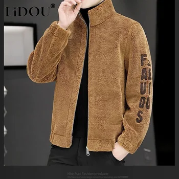 캐주얼 심플 단색 루즈 웜 램 플리스 탑, 트렌디한 기질, 멋지고 패셔너블한 남성 코트, 용수철 가을 신상