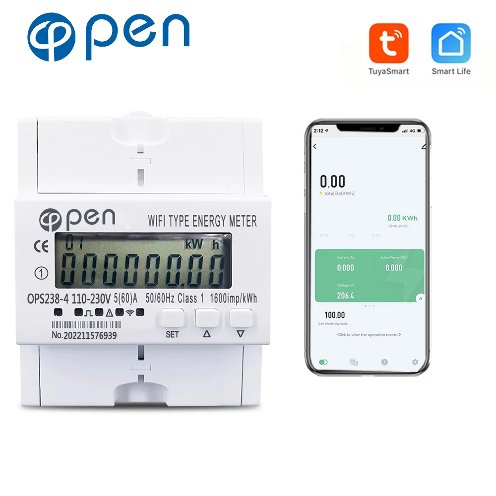 

TUYA APP 5(60)A Single phase Din rail WIFI smart energy meter Kwh over and under voltage current protection RS485