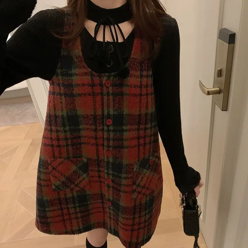 

2023 New Casual Women's Clothing Two-piece Suit Autumn Winter Thin Plaid Printing Long Dress Fashion Loose Ladies Dress Sets