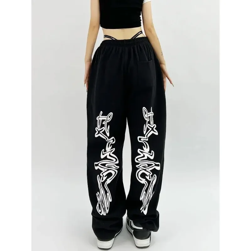 QWEEK Hip Hop Gothic Black Jogging Sweatpants Oversize Y2K Grunge Kpop Baggy Trousers Harajuku Graphic Wide Leg Sports Pants