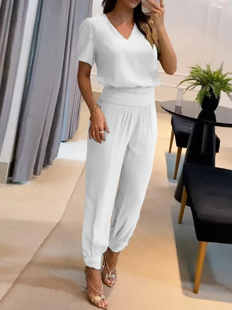 

2023 Loose Fit Sportswear Outfit Women Summer Short Sleeve Elastic Waist Pencil Pants 2PCS Matching Set Streetwear Dropshipping