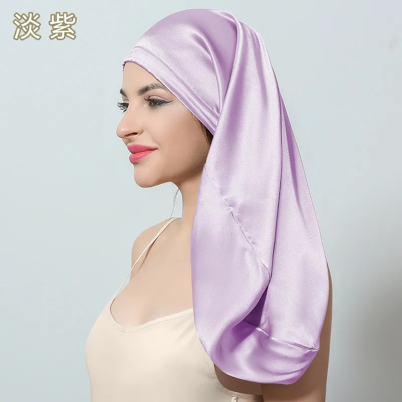 Birdtree 60cm 6A 100% Echte Seide Haube für Frauen Elastischer Breiter Rand Langhaar-Mütze Schlafmütze Seiden-Haarkappe A41104QC – Detail 19