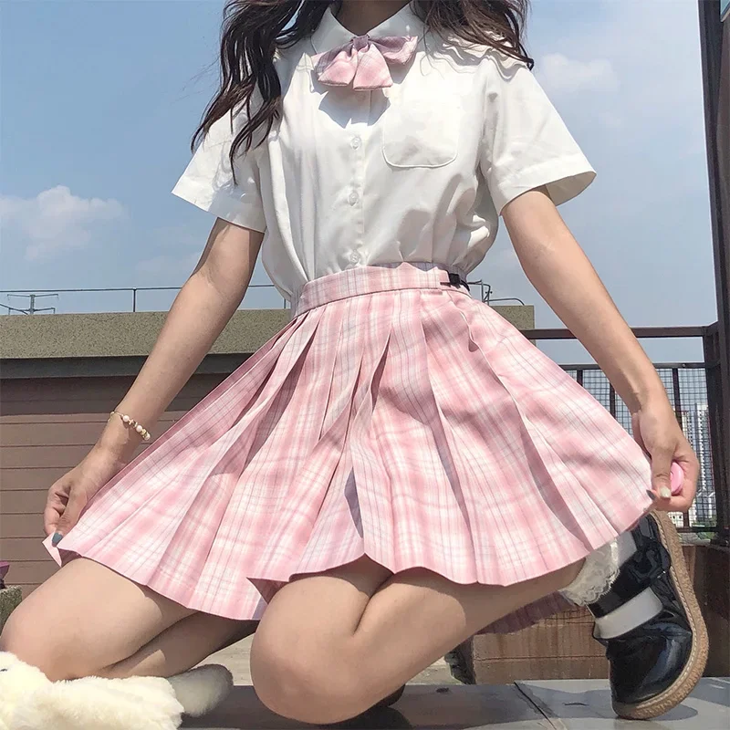 

New Japanese School Uniform Korean Student Jk Seifuku Blouse Pleated Skirt Tie Full Set Girl Plaid Skirt Pink Uniforms For Woman