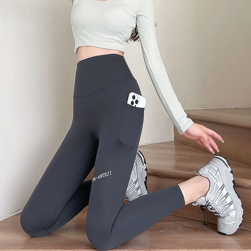 Spring Autumn High Waist Shark Pants Women Korean Stretch Slim Fit Pocket Leggings Woman Letter Printing Sports Yoga Pants Mujer