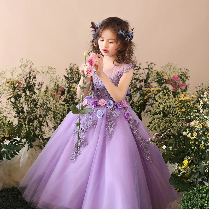

Flower Girl Elegant Dress First Communion Dresses for Girls Children Purple Tulle Ball Gown Kids Pageant Wedding Clothes