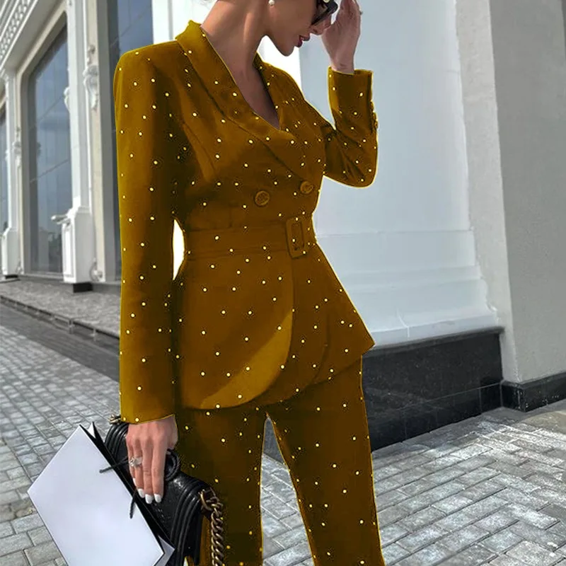 Female Elegant Party Blazer Sets Women's Fashion Polka Dot Long Sleeved Suit Coat & Pants Set Autumn/Winter Temperament Clothes