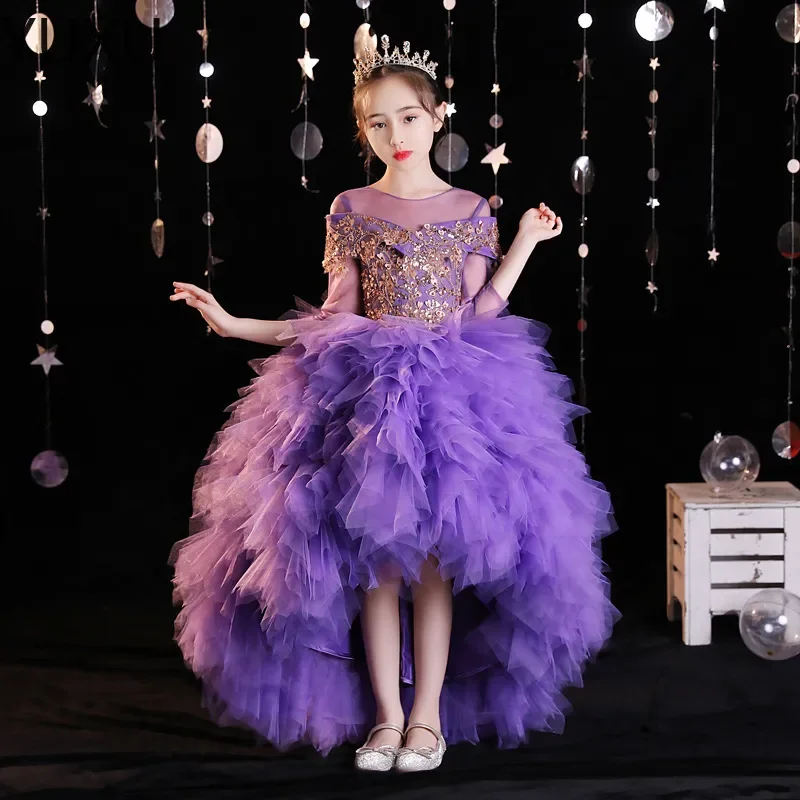

Purple Puffy Flower Girl Dresses 3D Flower V Neck Sequined For Wedding First Communion Kids Birthday Party 2023