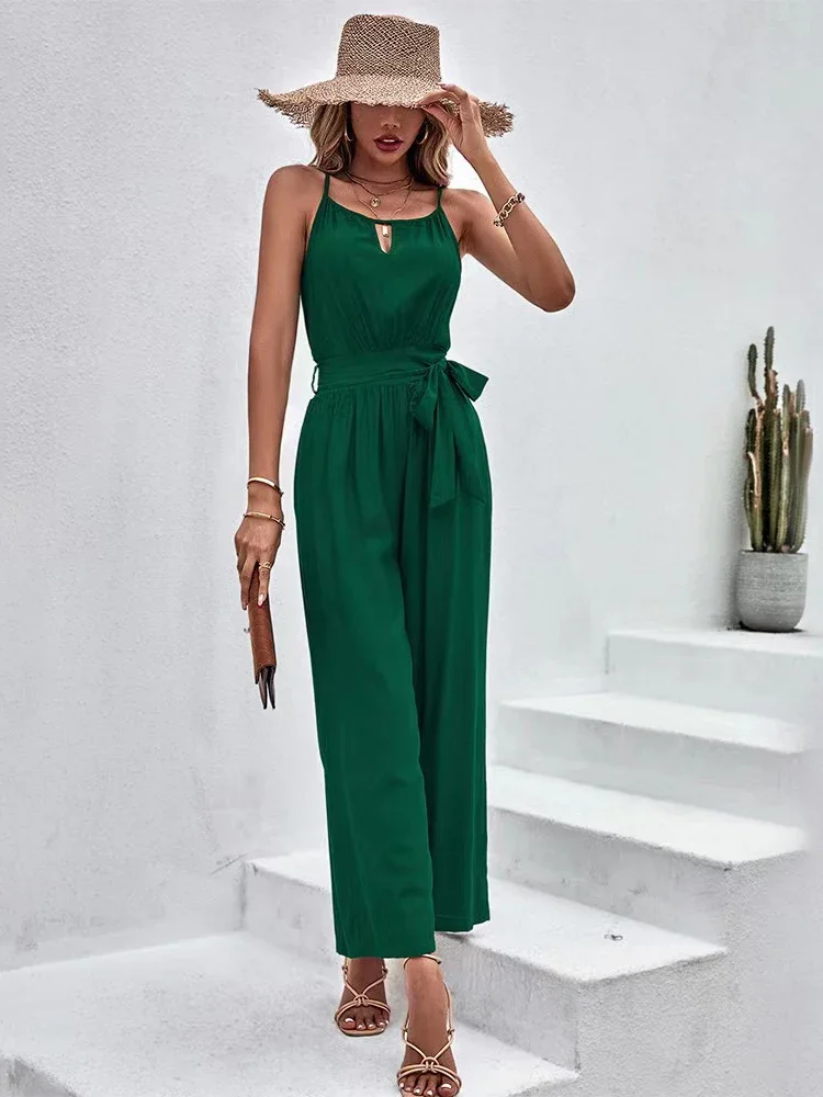 InstaLike Women Jumpsuit 2024 Spring Retro Bandag Loose Hollow Out Sleeveless Lace-up Waist Jumpsuit Solid Cotton Loose Overalls