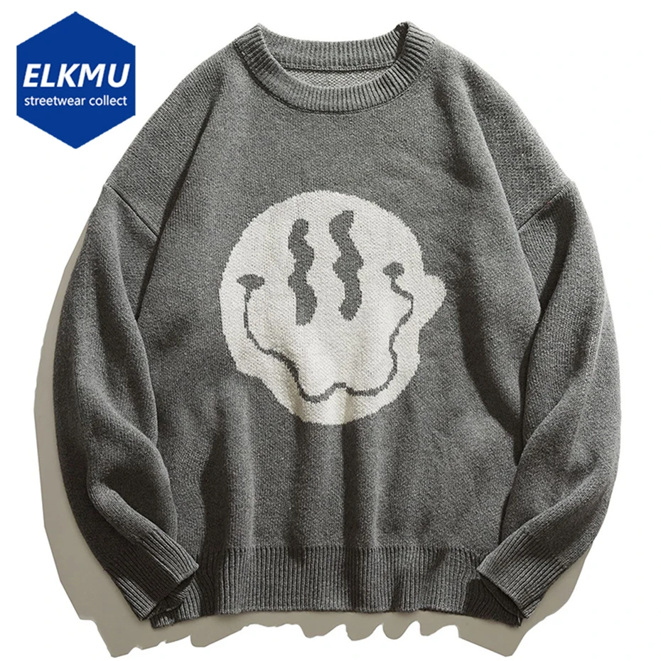 

2023 Smile Face Sweater for Men Harajuku Oversized Hip Hop Sweater Knitted Jumpers Pullover Man Fashion Y2K Sweaters Blue Gray
