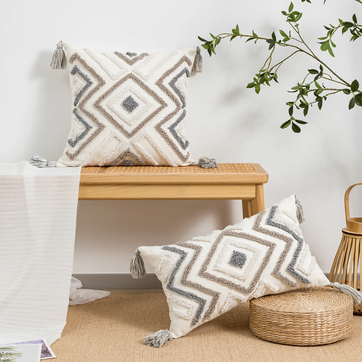 Geometric Bohemian-style throw pillow cover with a modern and