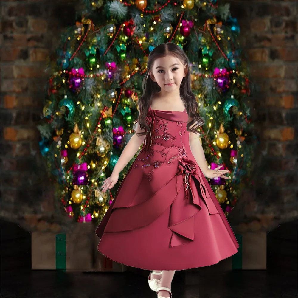 

Hot-selling satin embroidered wedding flower girl princess skirt cotton inner nail bead children's wedding dress