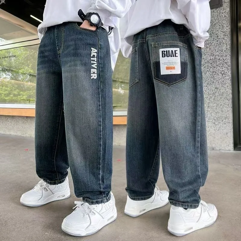 5-14Y Boys Jeans Pants Spring Kids Wide Leg Straight Trousers Autumn Loose-Fit Casual Trousers Children's Trendy Sweatpants