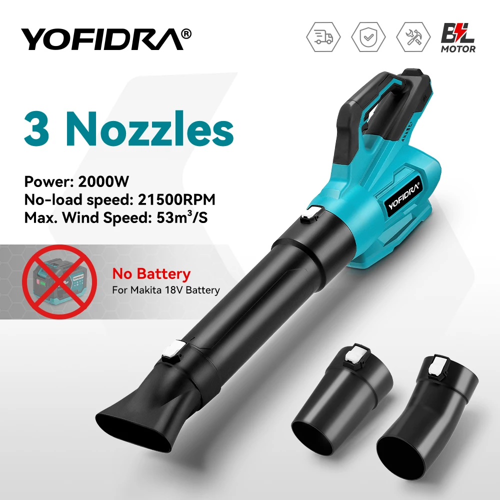 YOFIDRA 2000W Electric Air Blower 21500RPM Cordless Leaf Snow Blower Cleaner Sweeper Garden Power Tools For 21V 18V Battery