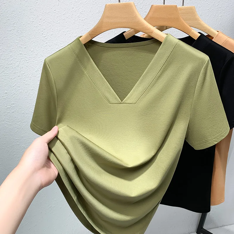 

WT40 Short sleeve T-shirt women's summer 2023 new women's open v round neck elastic cotton T-shirt simple solid color