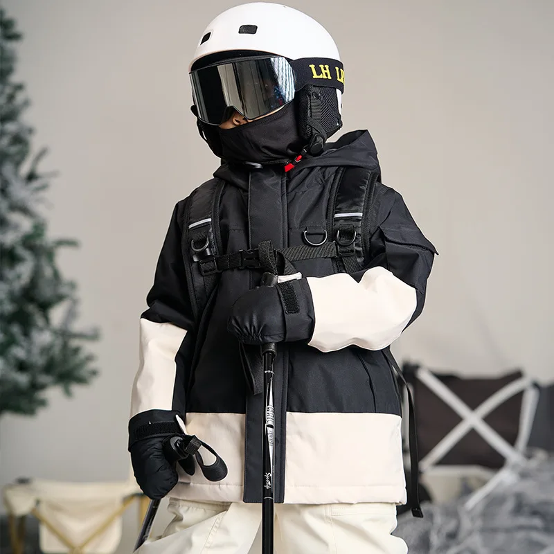Original Black and White Children's Outdoor Strong Waterproof Moisture Permeable Ski Suit Quilted Fleece-lined Snow Suit