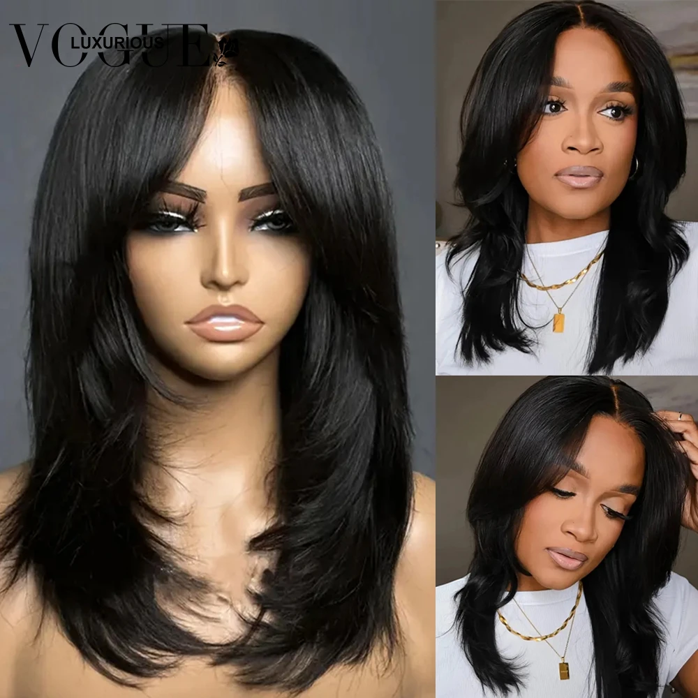 4x4 Lace Closure Glueless Natural Color Wig Pre-plucked Brazilian Remy On Sale Human Hair Wigs Inspired Layer With Curtain Bangs