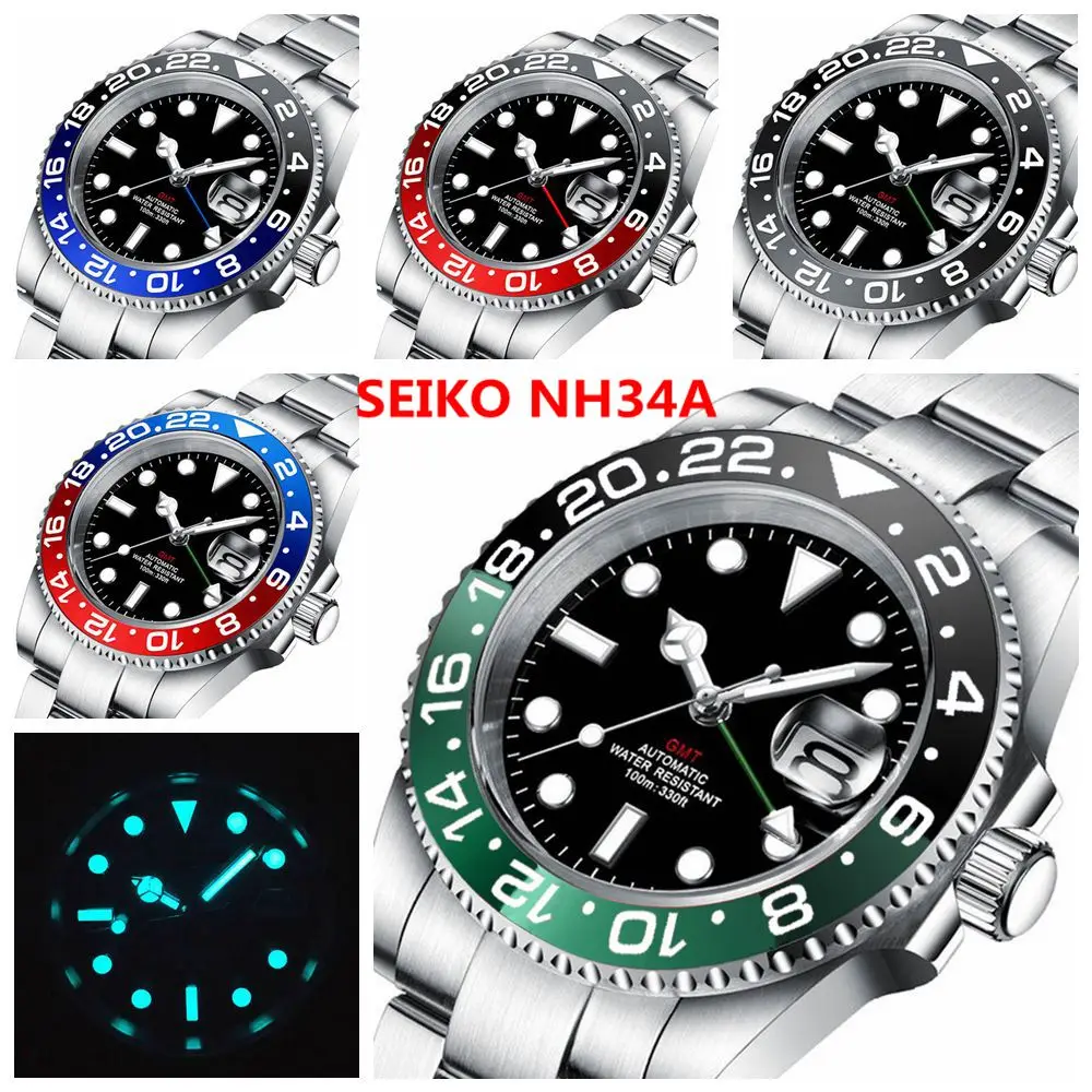 

Luxury GMT NH34 Watch Sterile Dial Automatic mechanical watches 40MM Ceramic Bezel Lume Sapphire 100M Waterproof Wristwatches