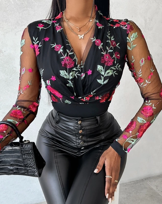 Top Women Casual Office Patchwork Floral Embroidery Plunge Blouse Sheer Mesh Deep V Neck Long Sleeve Skinny Top