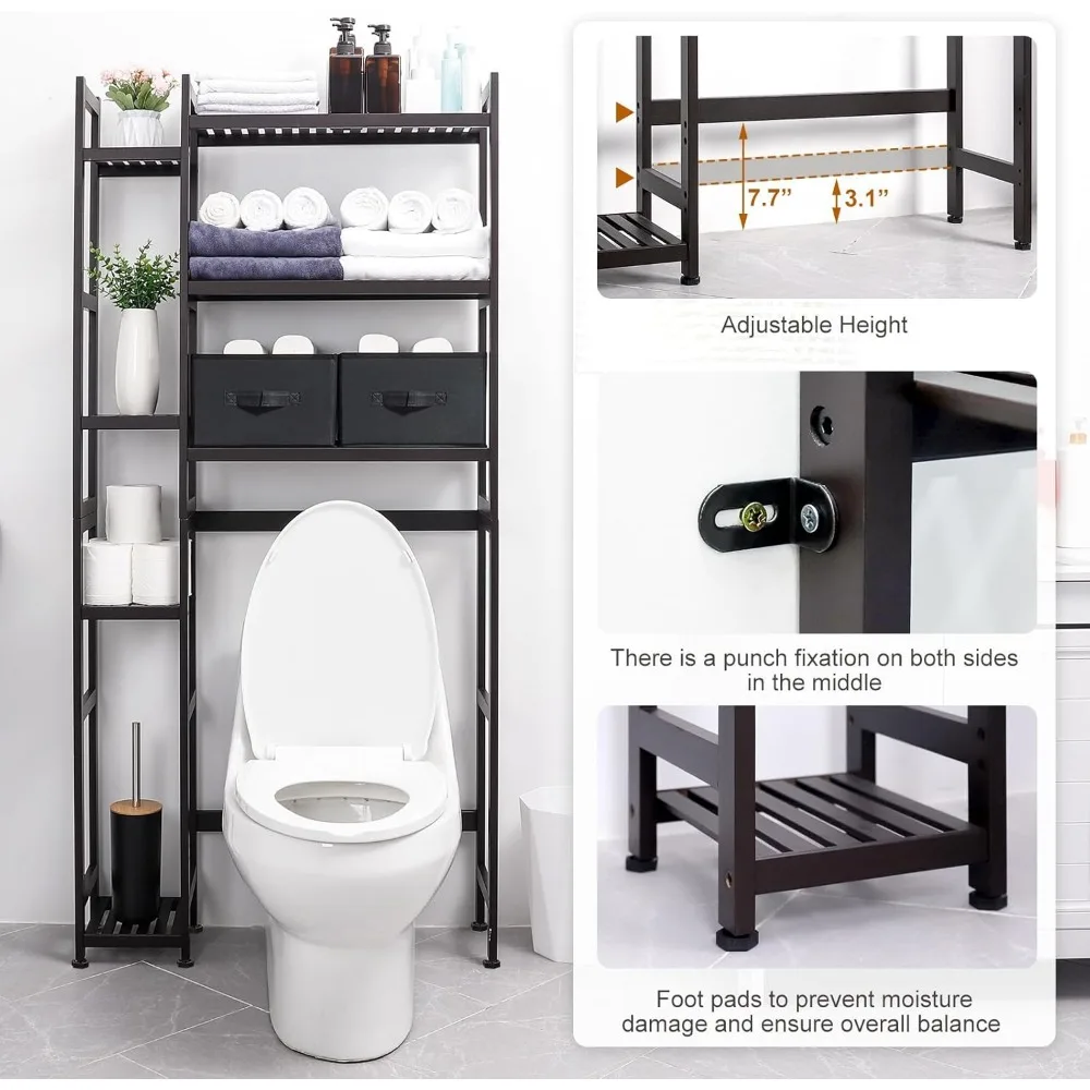Over The Toilet Storage with Basket and Drawer, Bamboo Bathroom Organizer with Adjustable Shelf & Waterproof Feet Pad 5