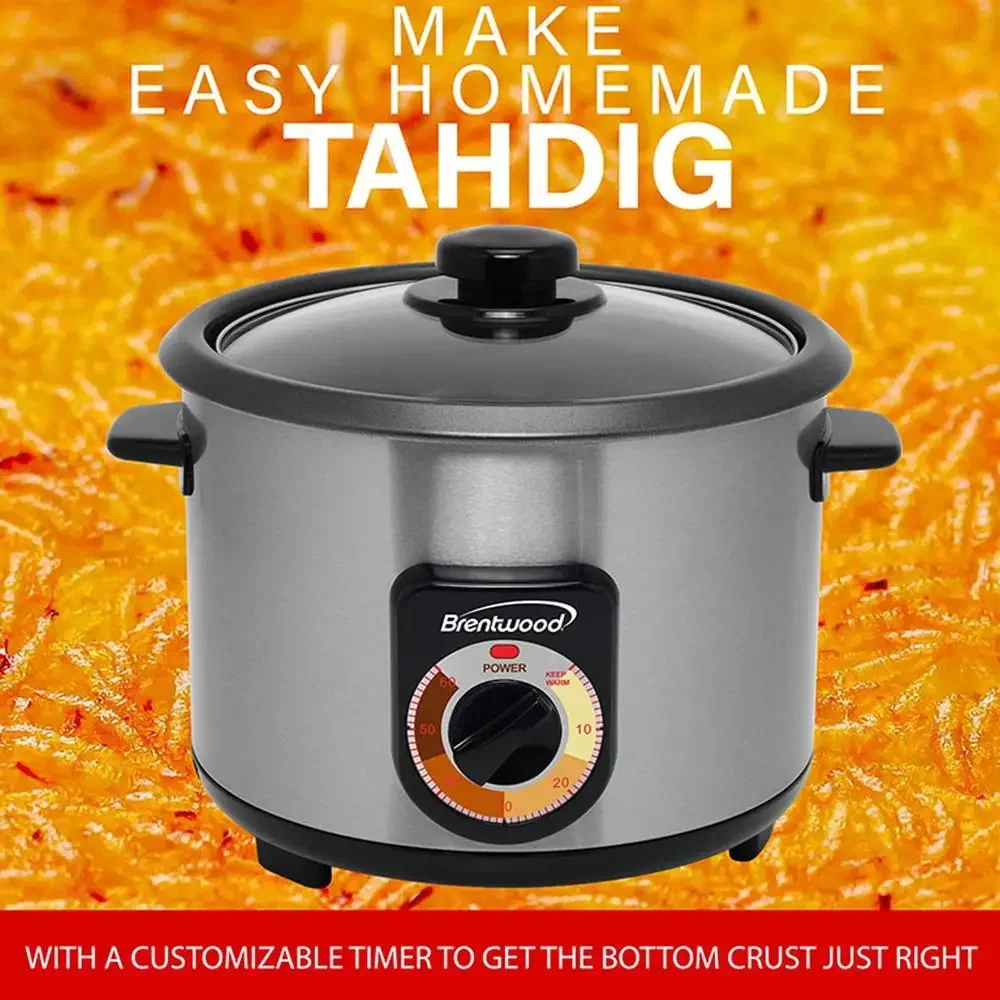 Stainless Steel Crunchy Rice Cooker 10-Cup Capacity Timer Auto-Warm Function Nonstick Pot Includes Measuring Cup and Serving 3