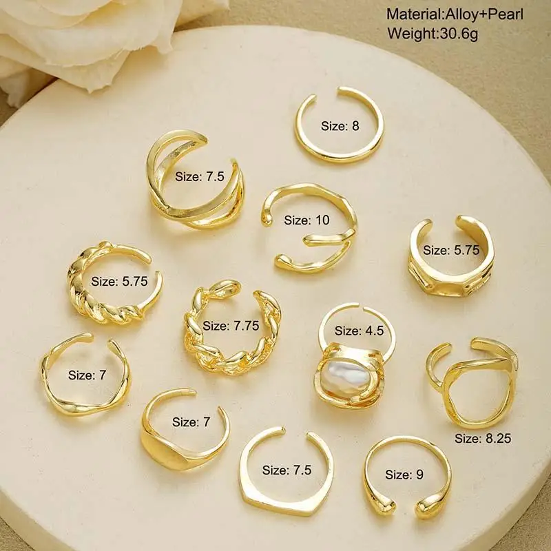 12Pcs/Set Retro Irregular Geometric Rings for Women Punk Alloy Metal Adjustable Finger Rings Set Fashion Statement Jewelry Party 6
