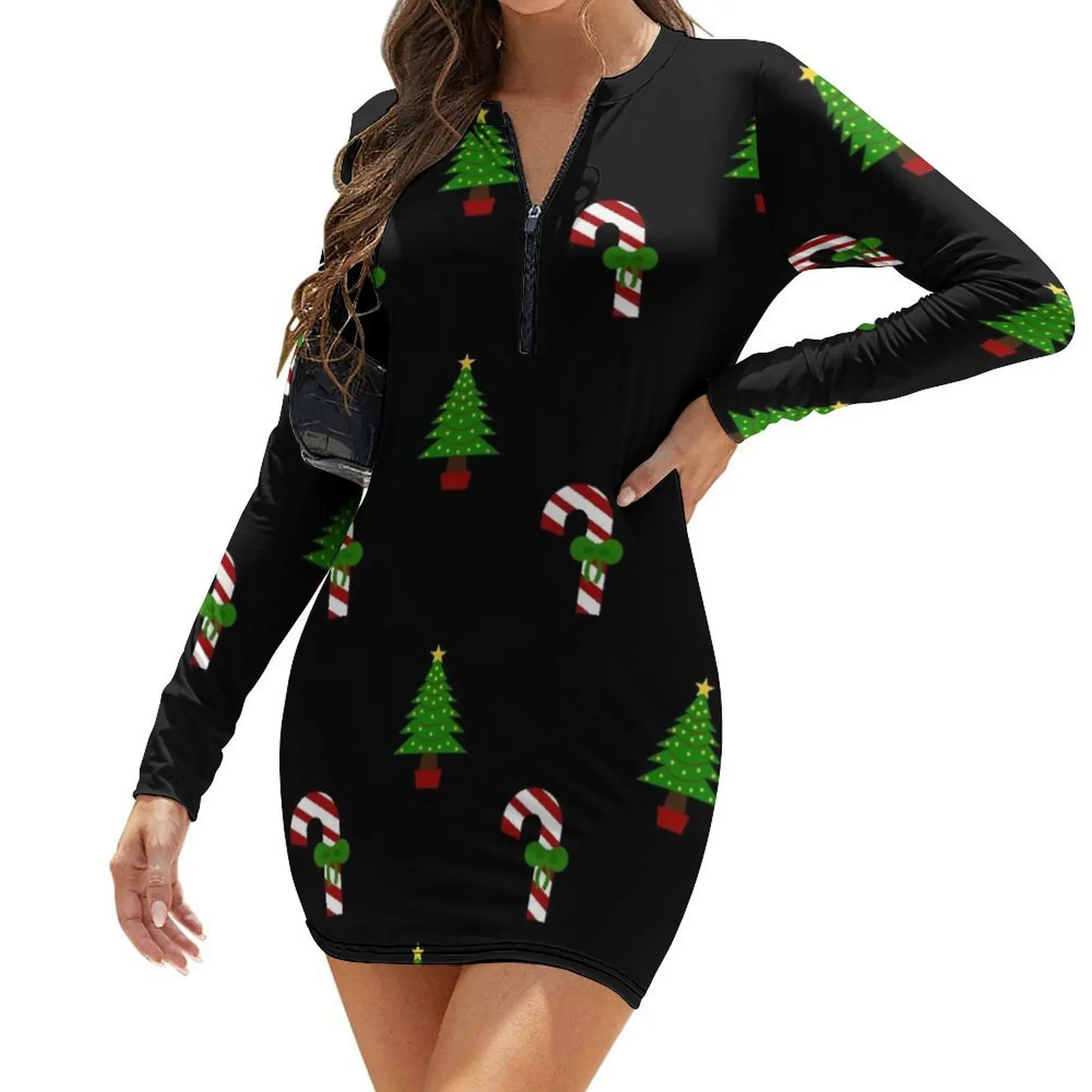 

Christmas Trees and Candy Canes Long-Sleeve Bodycon Dress clothes for women Long dresses