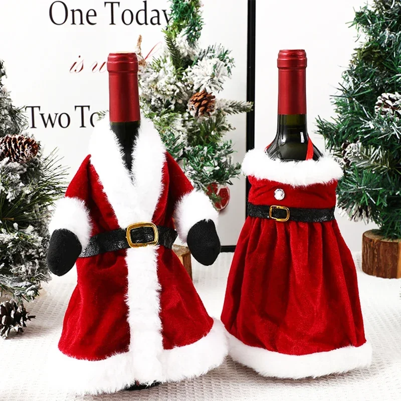 Christmas Wine Bottle Cover Set Golden Velvet Dress Clothes Cap Wine Bottle Bag Sleeve Xmas New Year Dinner Table Decoration