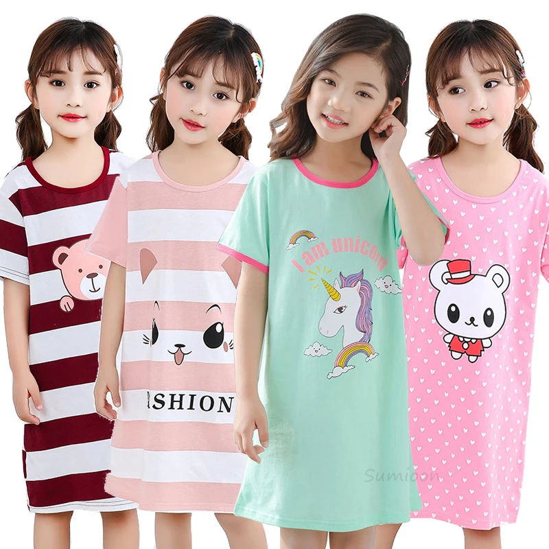New Summer Girls Cotton Nightdress Baby Pajamas Short-sleeved Kid Girl Sleepwear Large Size Nightgowns for Girl 8 Years 14 Years