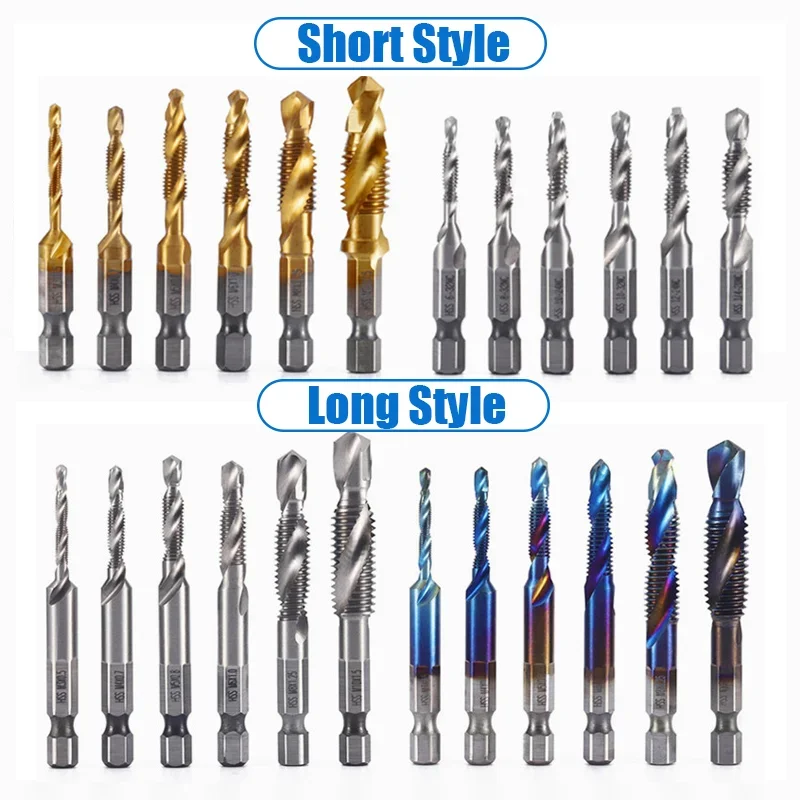 1/6Pcs Tap Drill Bit Set Hex Shank Titanium Plated HSS Screw Thread Bit Tap Drill Bit Compound Bit M3 M4 M5 M6 M8 M10 Hand Tools