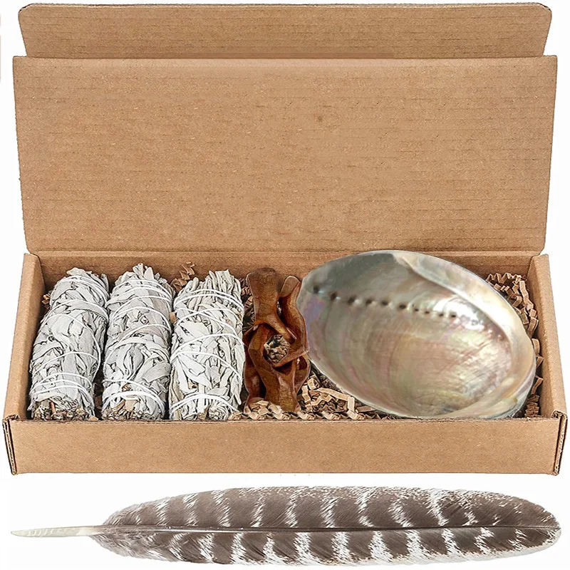 White Sage Balone Shell Holder Turchia Feather Set Fragrance Purifica La Mente Tempio Buddista Yoga Purificante Healing Supply Decor