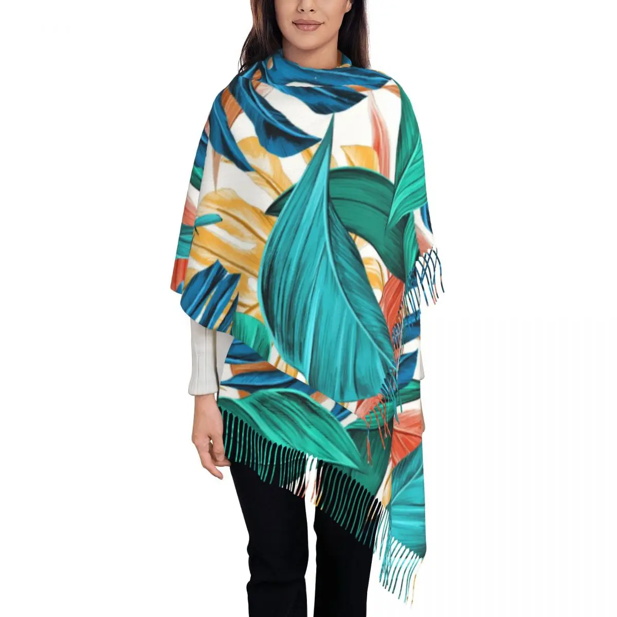 

Unisex Scarf Outdoor Tropical Leaves Scarves with Long Tassel Green And Blue Plant y2k Cool Shawl Wrap Winter New Design Bandana