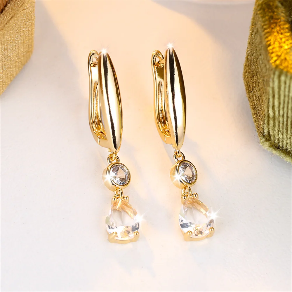 White Zircon Water Drop Stone Pendant Hoop Earrings For Women Trendy Gold Color Ear Buckle Wedding Jewelry Engagement Party Gift