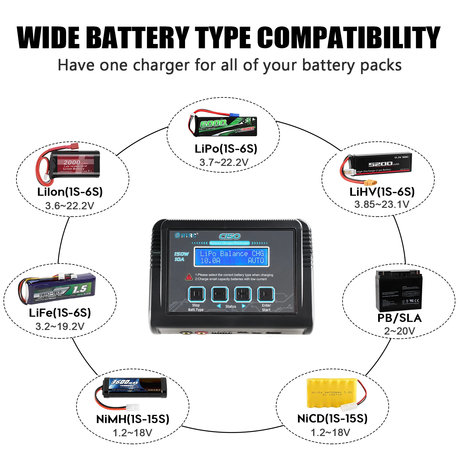HTRC C150 RC Charger Balancer AC/DC 150W 10A Battery Discharger for LiPo LiHV LiFe Lilon NiCd NiMh Pb Batteri+8 in 1 Cables