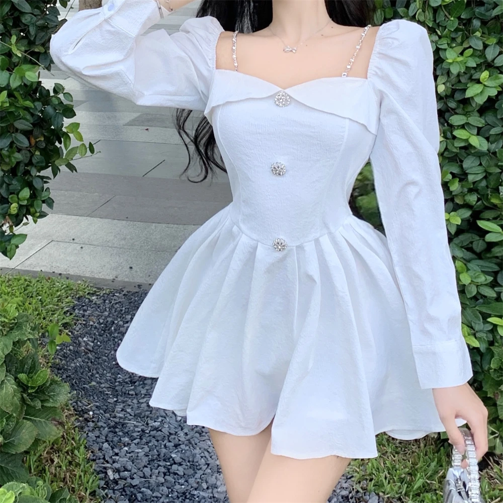 Korean Style Solid Mini Dress Women Long Sleeve Square Collar Spring Fashion High Waist Female Birthday Party Vestidos Mujer