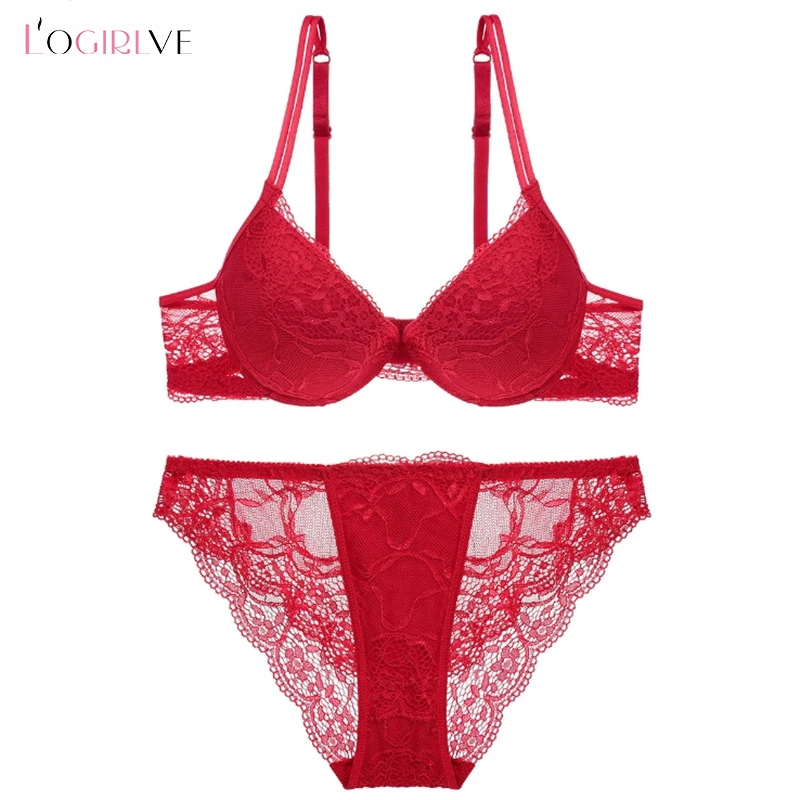 Logirlve Fashion women underwear set cotton sexy bra and panty sets plus  size red lace lingerie set push up set 3/4 cup Padded