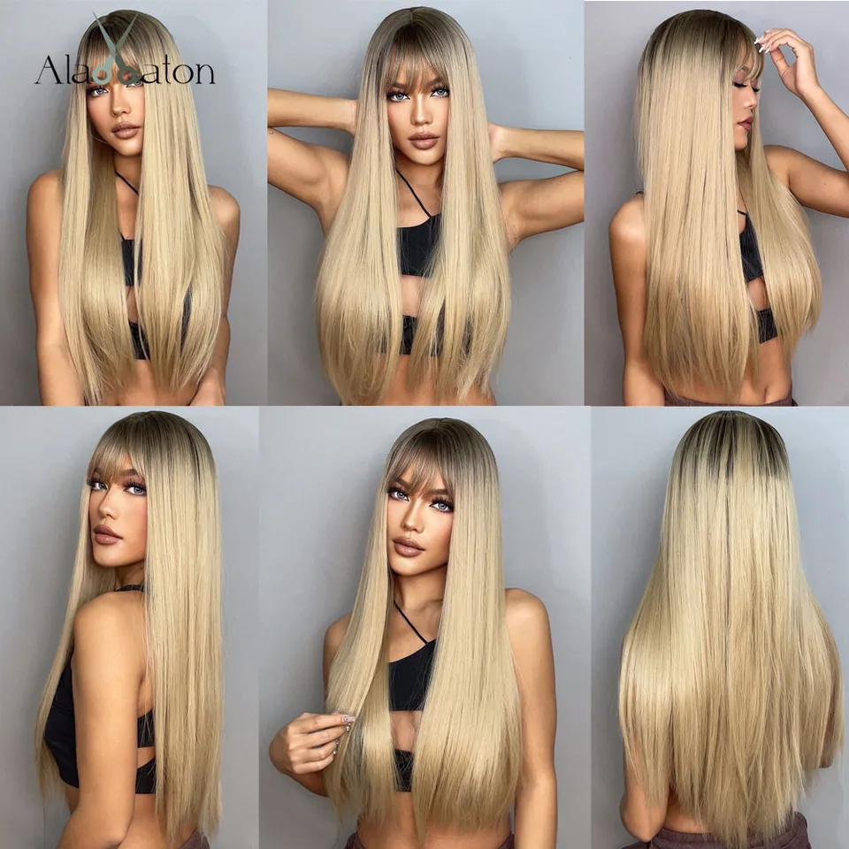 Parrucche Sintetiche Per Capelli Da Donna Con Frangia Parrucche Drte Lunghe In Seta Per Donna Parrucche Cosplay Dorate Marrone Nero Ombre Resistenti Al Calore - Foto 2